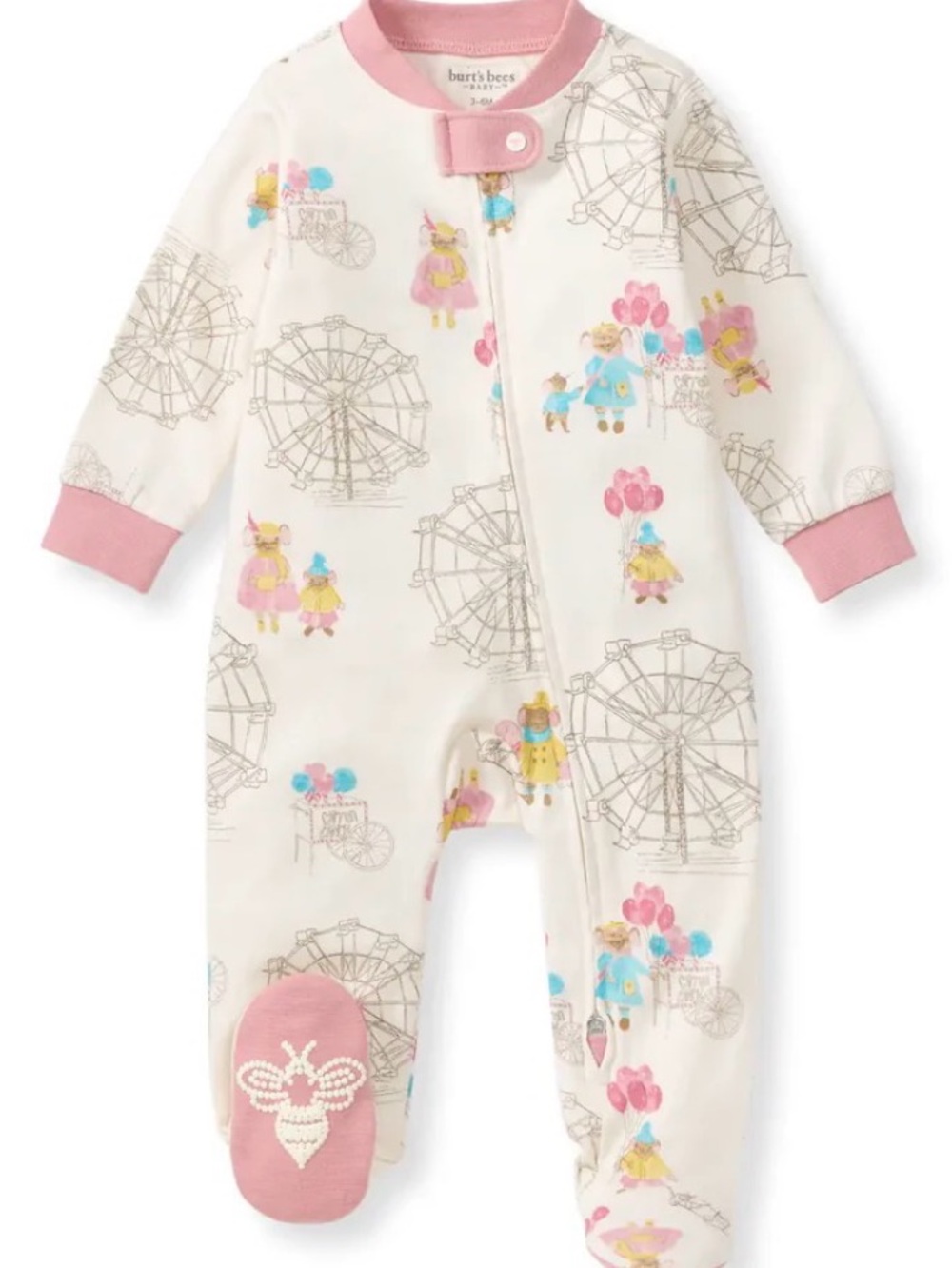 Burt's Bees Baby Cream Footed One-Piece with Pink Trim and Carnival Print